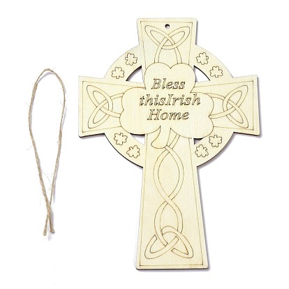 DIY Cross Unfinished Wooden Ornaments Blank Wooden Embellishments, with Hemp Rope, for Saint Patrick's Day Party Decorations