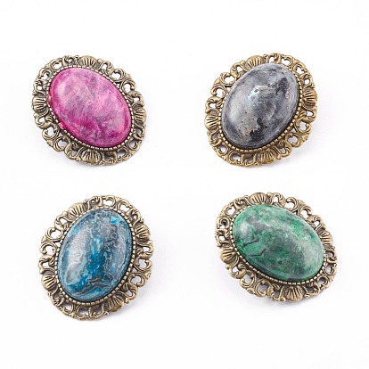 Mixed Gemstone Brooch, with Alloy Findings, Oval, Antique Bronze