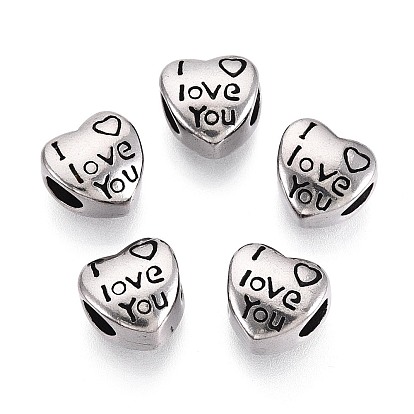 304 бусины европейского стиля из нержавеющей стали с крупными отверстиями, сердце с словом я тебя люблю