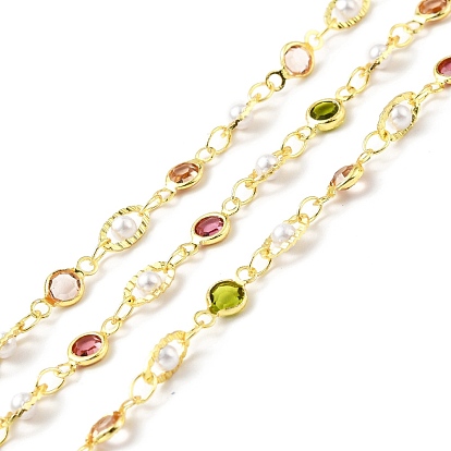Handmade Eco-friendly Brass Glass Flat Round & Oval Link Chain, with Glass & CCB Beaded, Long-Lasting Plated, Golden, Soldered, with Spool