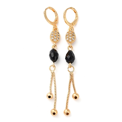 Rhinestone Oval Leverback Earrings with Glass Beaded, Brass Chains Tassel Earrings for Women