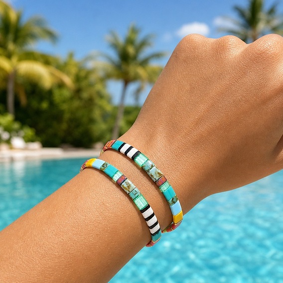 Glass Rectangle Tile Beaded Stretch Bracelet Sets with Synthetic Non-magnetic Hematite for Women, Adjustable Stackable Bracelets