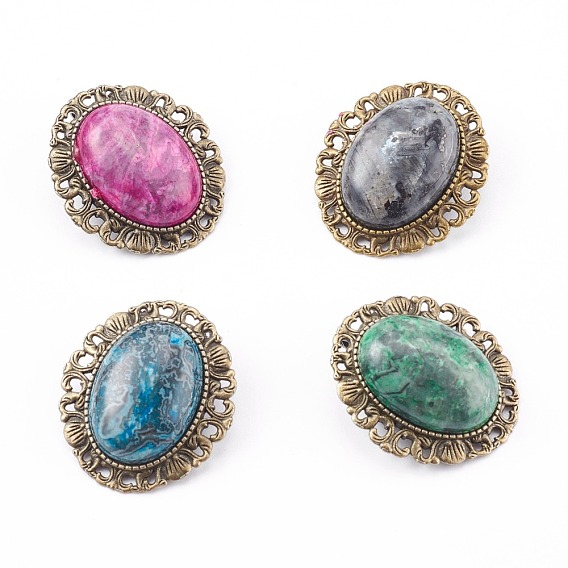 Mixed Gemstone Brooch, with Alloy Findings, Oval, Antique Bronze
