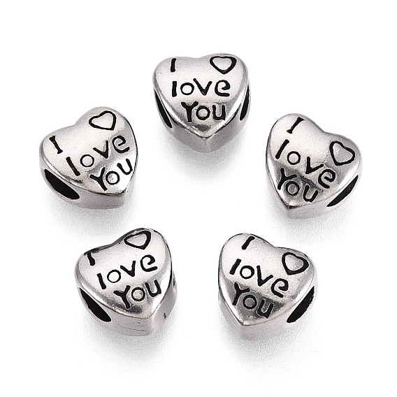 304 бусины европейского стиля из нержавеющей стали с крупными отверстиями, сердце с словом я тебя люблю