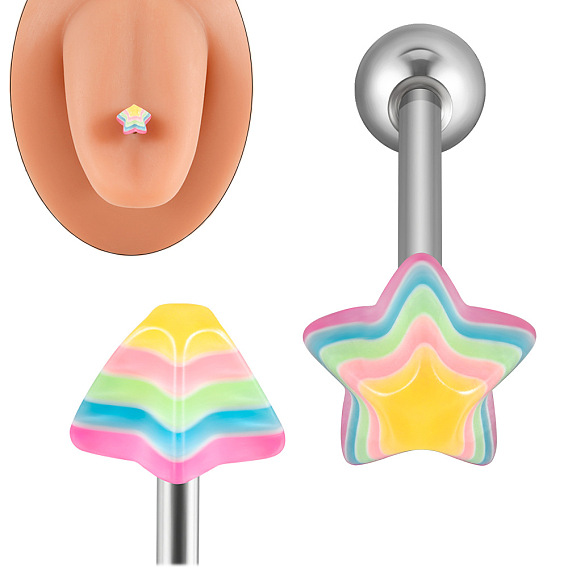 304 прямая штанга из нержавеющей стали и смолы в форме цветной звезды 15 кольца для пирсинга языка калибра для женщин и мужчин