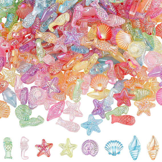 500Pcs Transparent Acrylic Beads, Ocean Theme, Mixed Shapes