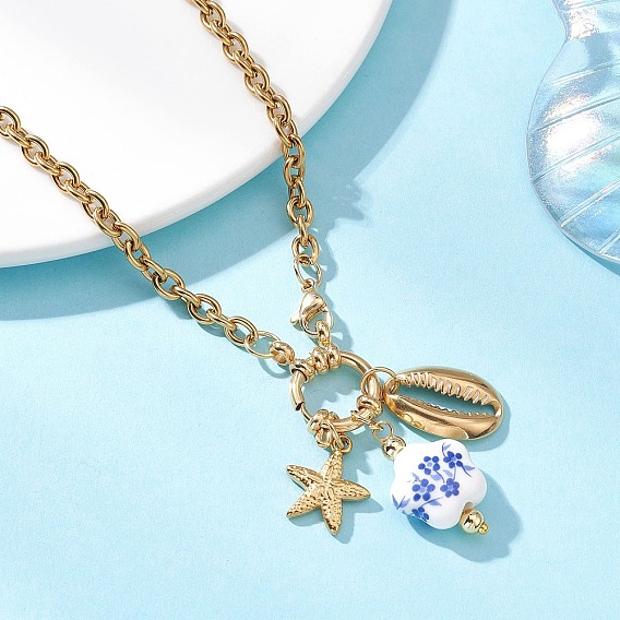 Женские ожерелья с подвесками в форме морских звезд и ракушек из белого и синего фарфора и нержавеющей стали
