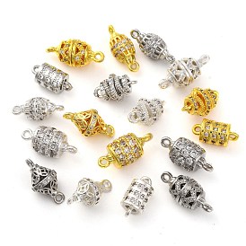 Brass Micro Pave Clear Cubic Zirconia Hollow Oval/Column/Bicone Connector Charms, Lead Free & Cadmium Free