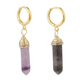 Copper Wire Wrapped Natural Gemstone Hoop Earring, Double Terminated Point Brass Huggie Hoop Earring for Women