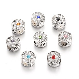 Large Hole Alloy Rhinestone European Beads, Flat Round, Antique Silver, 11x9mm, Hole: 5mm