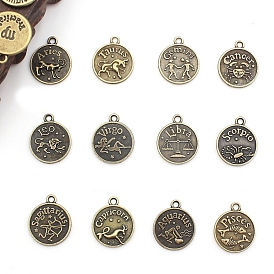 Tibetan Style Pendants, Flat Round with Twelve Constellations, Antique Bronze