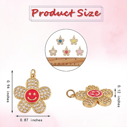 5Pcs 5 Colors Brass Micro Pave Clear Cubic Zirconia Pendants, with Enamel and Jump Rings, Long-Lasting Plated, Flower with Smiling Face