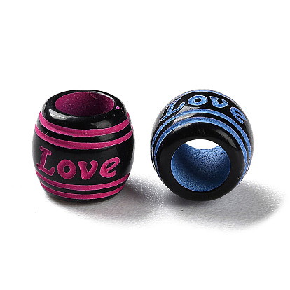 Spray Printed Opaque Acrylic European Beads, Large Hole Beads, Barrel with Word Love