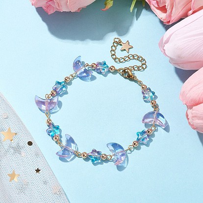 Moon & Star Glass Beaded Bracelet with 304 Stainless Steel Clasps