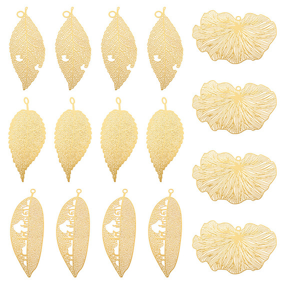 16шт 4 стили латунные филигранные большие подвески, лист, гравированные металлические украшения