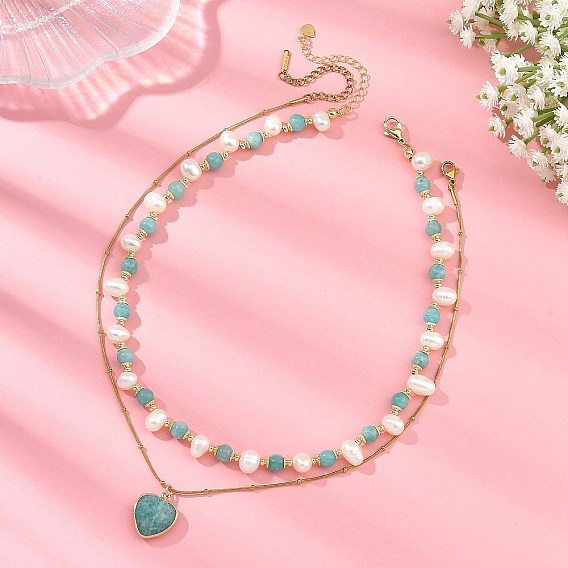 Natural Amazonite Heart Pendant 304 Stainless Steel Satellite Chain Double Layer Necklaces, with Natural Cultured Freshwater Pearl Beads