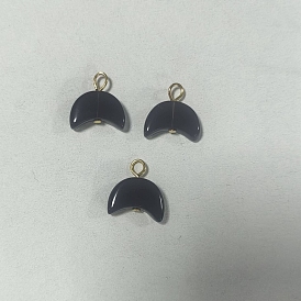 3Pcs Natural Obsidian Pendants, with Iron Findings, Moon Charms