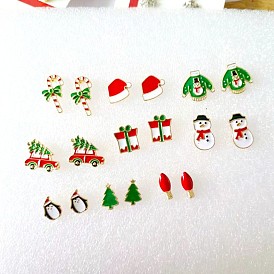 9 пары рождественских серег-гвоздиков из сплава с эмалью, золотые, разнообразные