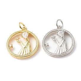 Латунные микропаве прозрачные подвески с фианитом, без кадмия и без свинца, плоские круглые с девушкой