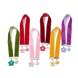6Pcs 6 Colors Velvet Ribbon Bookmarks, Flower Opaque Resin Pendant Bookmarks