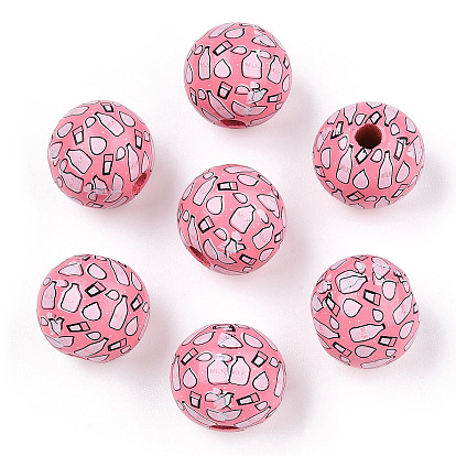 Printed Schima Wooden Beads, Round with Feeding-Bottle Pattern
