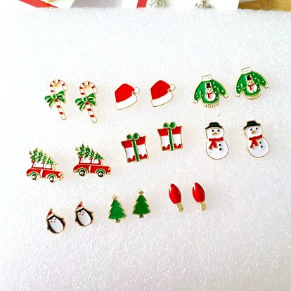 9 пары рождественских серег-гвоздиков из сплава с эмалью, золотые, разнообразные