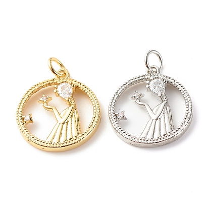 Латунные микропаве прозрачные подвески с фианитом, без кадмия и без свинца, плоские круглые с девушкой