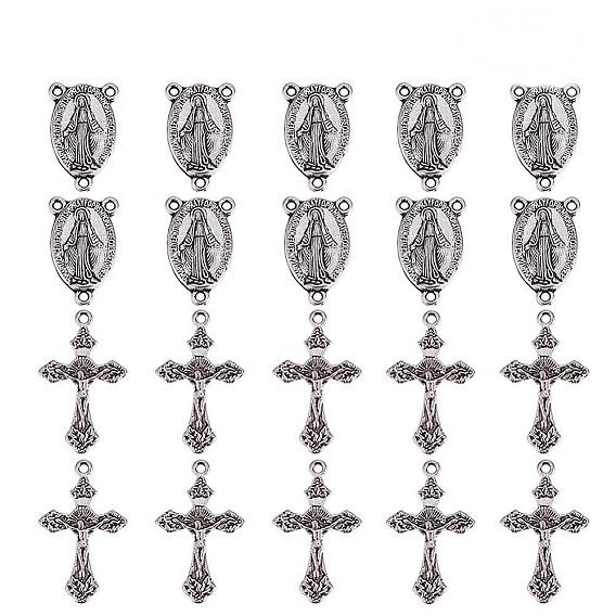 PandaHall Elite Tibetan Style Oval with Virgin Holy Rosary Center Pieces Chandelier Links and Crucifix Cross Pendants, Lead Free & Cadmium Free & Nickel Free, For Easter