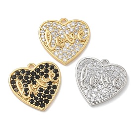 Rack Plating Brass Micro Pave Cubic Zirconia Pendants, Long-Lasting Plated, Lead Free & Cadmium Free, Heart Charms