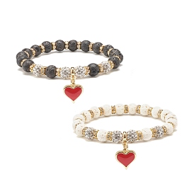 2Pcs 2 Colors Natural Lava Rock Stretch Bracelets Set with Rhinestone Beads, Essential Oil Gemstone Jewelery with Red Charm for Women