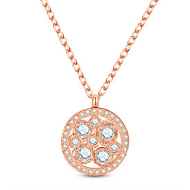Stainless Steel Pendant Necklace, with Grade AAA Cubic Zirconia and Lobster Caw Clasps, Flat Round