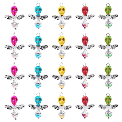 Skull Angel Synthetic Turquoise & Glass Pendants, with Alloy Findings