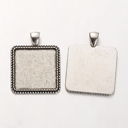 Tibetan Style Alloy Square Pendant Cabochon Settings, Cadmium Free & Lead Free, Tray: 25x25mm, 38x30x2mm, Hole: 5x7mm, about 161pcs/kg