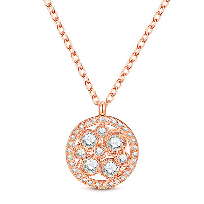Stainless Steel Pendant Necklace, with Grade AAA Cubic Zirconia and Lobster Caw Clasps, Flat Round