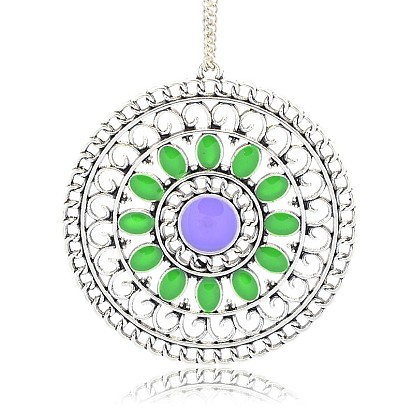 Antique Silver Plated Alloy Enamel Flat Round Pendants, Hollow, 55x52x2mm, Hole: 2mm