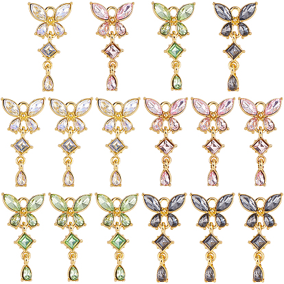 16Pcs 4 Colors Alloy & Glass Pendants, Butterfly & Teardrop Charm, Faceted