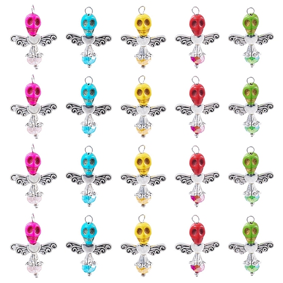 Colgantes de cristal y turquesa sintética con ángel calavera, con fornituras de aleación