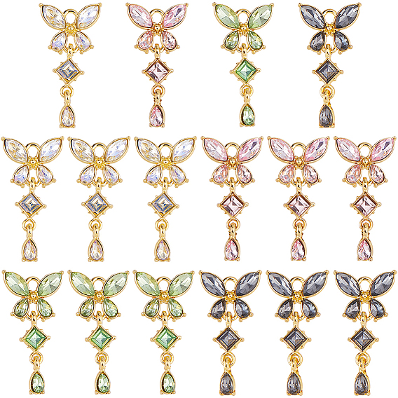16Pcs 4 Colors Alloy & Glass Pendants, Butterfly & Teardrop Charm, Faceted