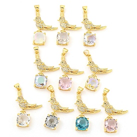 Rack Plating Brass Micro Pave Clear Cubic Zirconia Pendants, with Glass, Long-Lasting Plated, Cadmium Free & Lead Free, Real 18K Gold Plated, Bird Charms