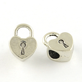 Tibetan Style Alloy European Beads, Heart Shaped Lock, Large Hole Beads, Cadmium Free & Lead Free, 13.5x10x6mm, Hole: 4mm, about 571pcs/1000g