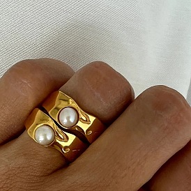 18K Gold Plated Stainless Steel Lava Pearl Ring - Fashionable Titanium Steel Ring