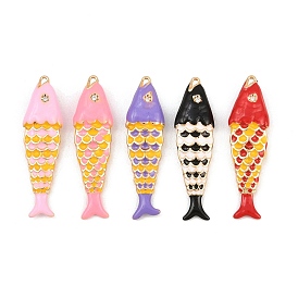 Brass Enamel Pendants, Fish Charms, with Rhinestone, Real 18K Gold Plated
