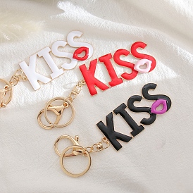 KC Gold Tone Plated Alloy Keychains, with Enamel, Word Kiss