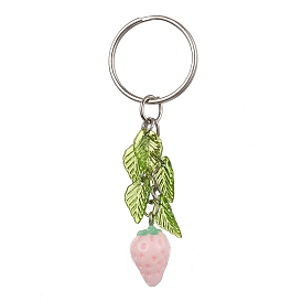 Resin Strawberry Pendant Keychain, with Acrylic Leaf Charm and Iron Keychain Ring