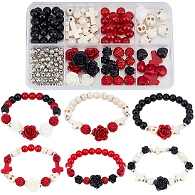 Наборы для самостоятельного изготовления эластичных браслетов на тему Хэллоуина, в том числе стеклянные бусины, бусины из синтетического магнезита, бирюзы и коралла, Бусины со стразами, полимерная глина , Бусины из cмолы, хрустальная струна