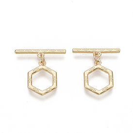 Laiton fermoirs toggle, sans nickel, avec des anneaux de saut, hexagone, réel 18 k plaqué or