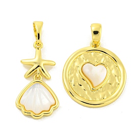 Brass Pave Shell Pendants, Real 18K Gold Plated, Flat Round with Heart & Shell Shape with Starfish Charm