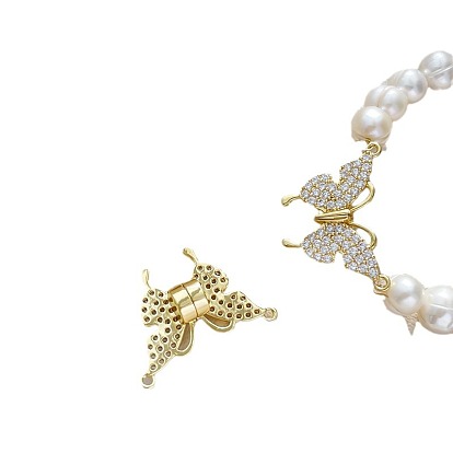 Natural Pearl Beaded Bracelet with Butterfly Brass Magnetic Clasp