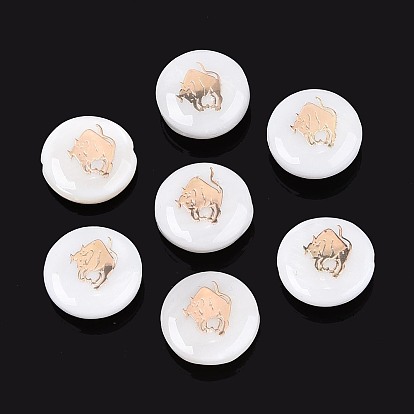 Естественных пресноводных стеклянные бусы, с позолоченными элементами из травленой латуни, плоские круглые с двенадцати созвездий, цвет морской раковины