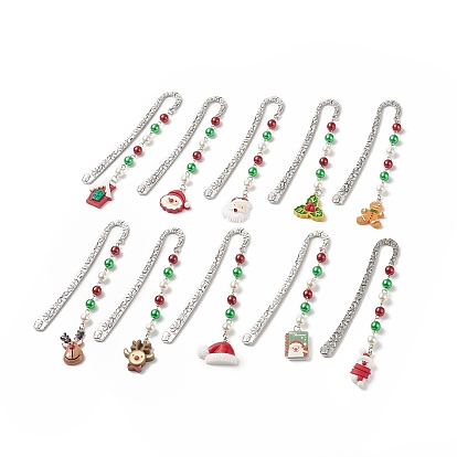 Christmas Theme Resin Pendant Bookmarks, Flower Pattern Tibetan Style Alloy Hook Bookmark, Holly Leaf/Santa Claus/Reindeer